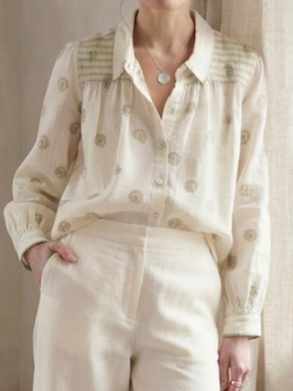 WRAP London Blouse Cotton Lightweight Airy Long Sleeve Shirred Detail Cream Sz M